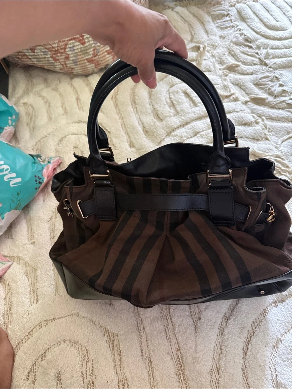 Burberry barbwire Classic Striped Tote Handbag in Brown and Black Canvas